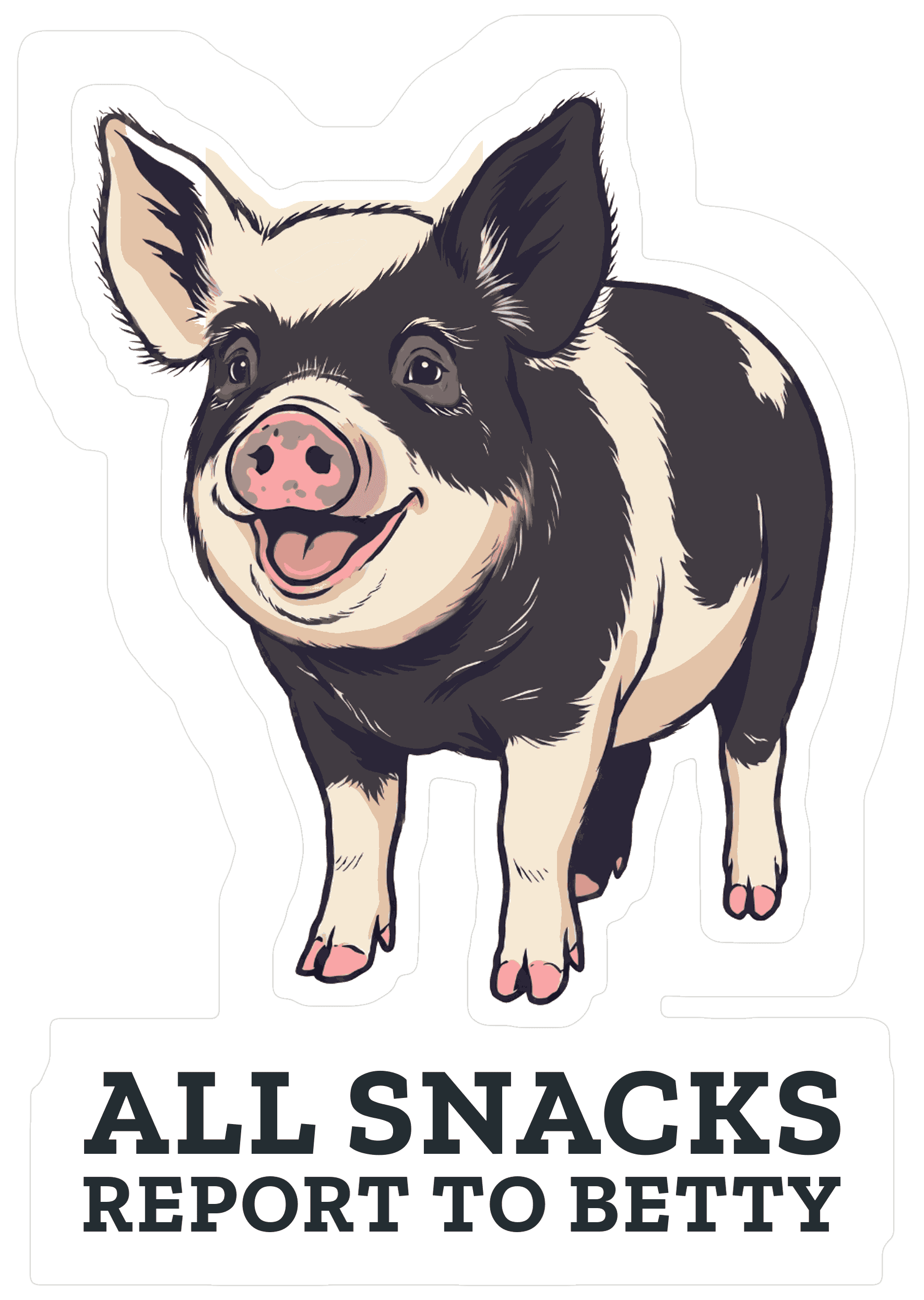 Weatherproof kiss-cut sticker of cartoon Betty the pig.