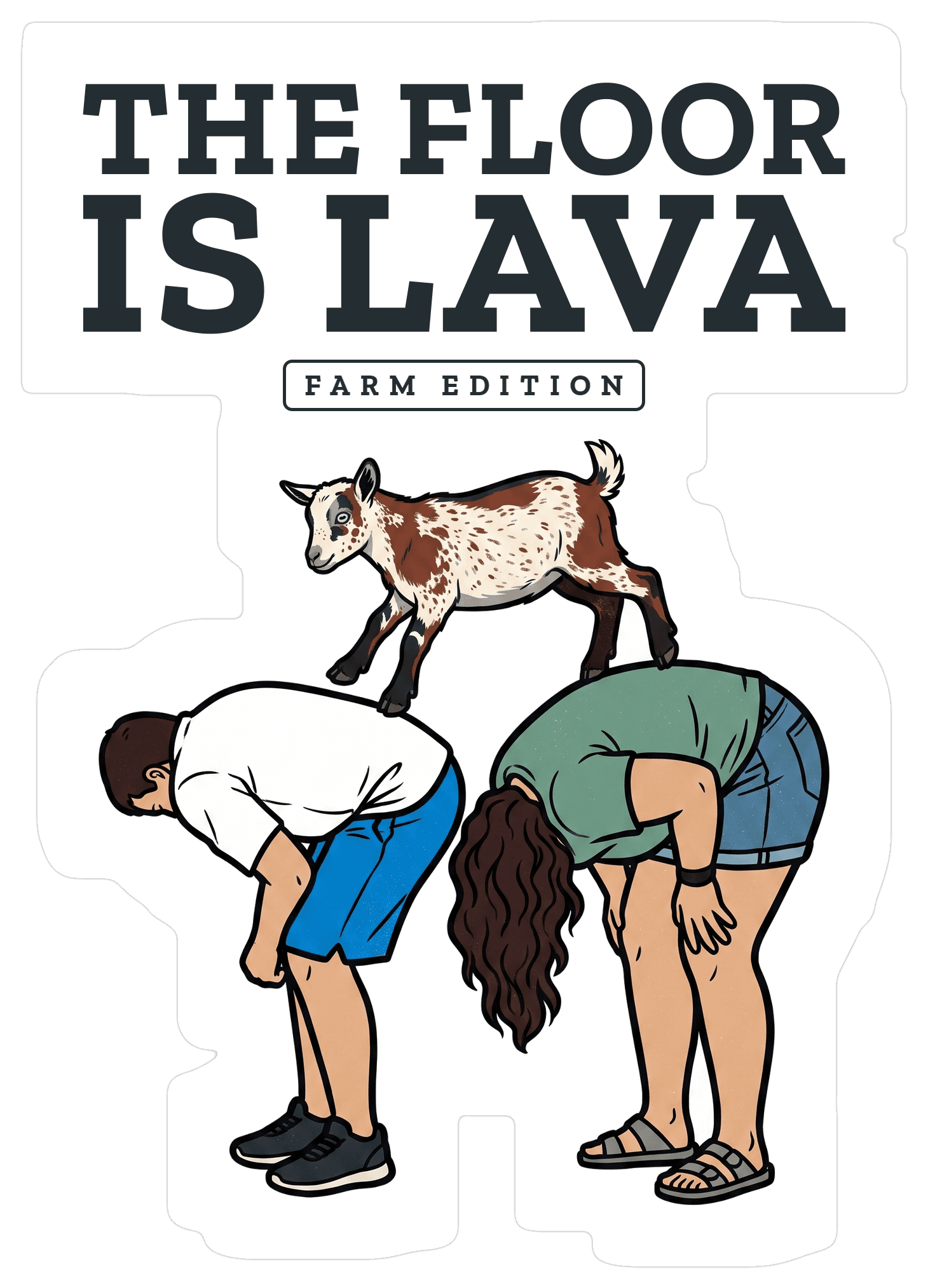 Weatherproof kiss-cut sticker of Cannoli the goat leaping in a floor-is-lava scene.