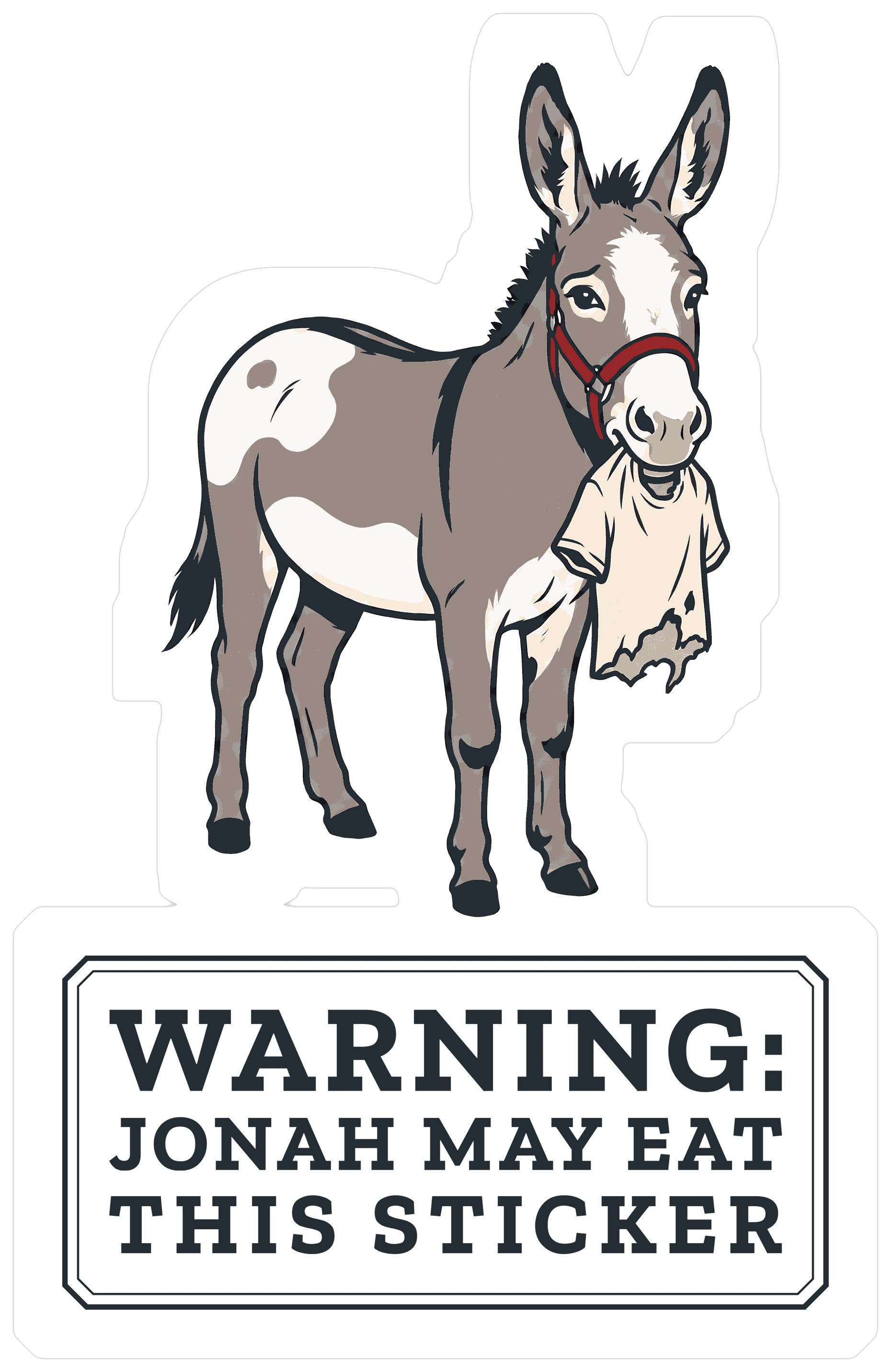 Weatherproof kiss-cut sticker of cartoon Jonah the mini donkey.