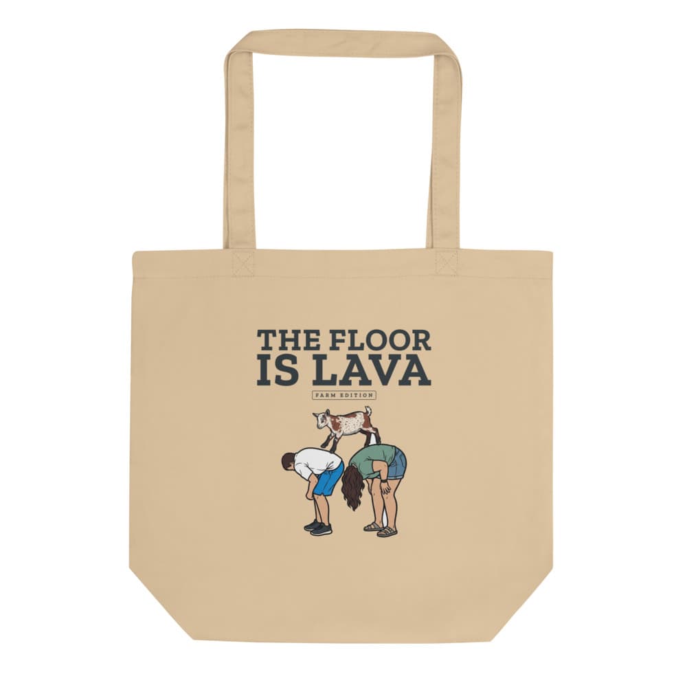 Canvas tote printed with Cannoli the goat leaping in a floor-is-lava scene.