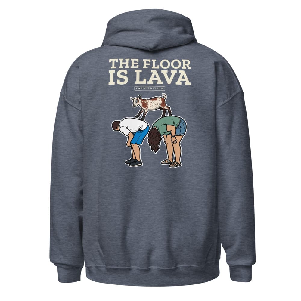 Hoodie with a small left-chest badge and a back print of Cannoli the goat mid-leap in a floor-is-lava scene. Shown in Heather Sport Dark Navy. — Back.