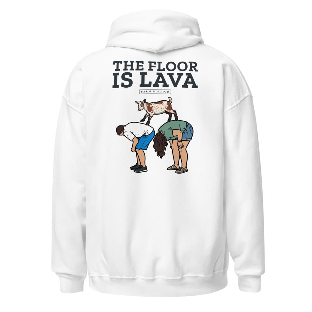 Hoodie with a small left-chest badge and a back print of Cannoli the goat mid-leap in a floor-is-lava scene. Shown in White. — Back.