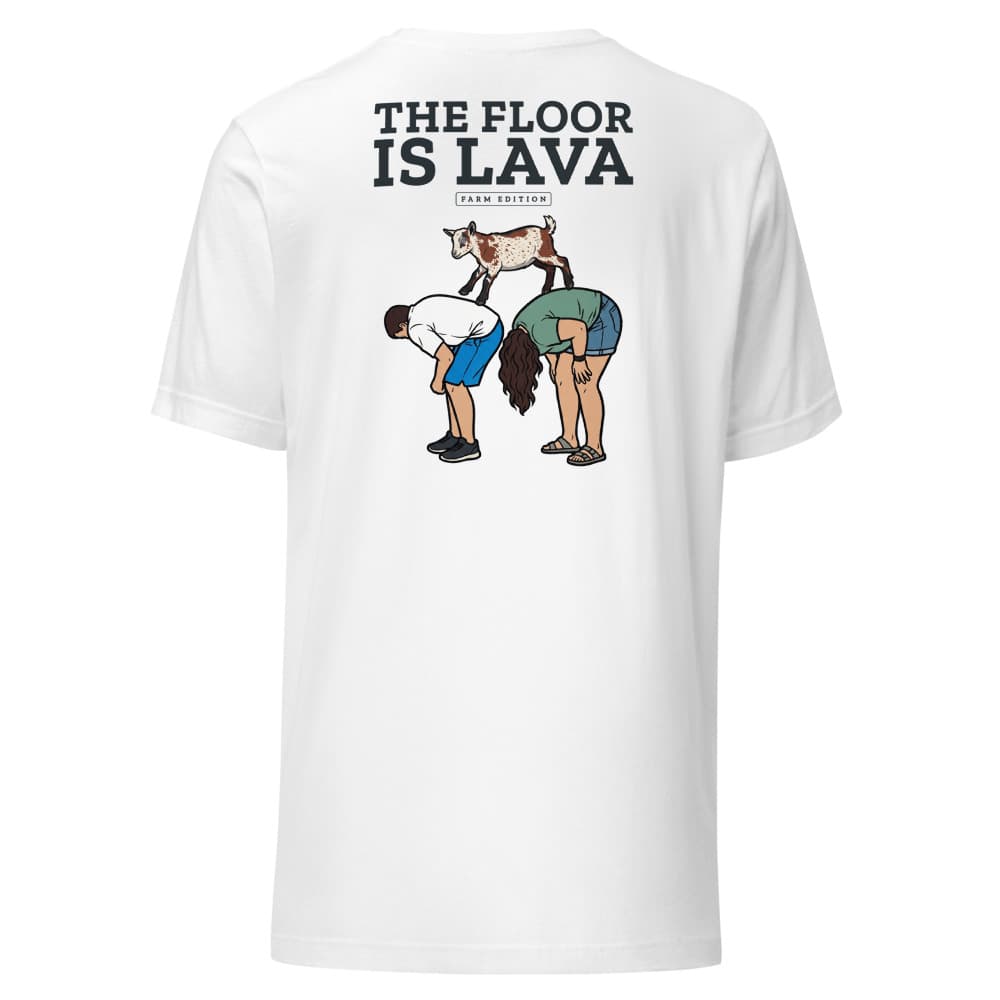 T-shirt with a small left-chest badge and a back print of Cannoli the goat leaping across people in a floor-is-lava scene. Shown in White. — Back.