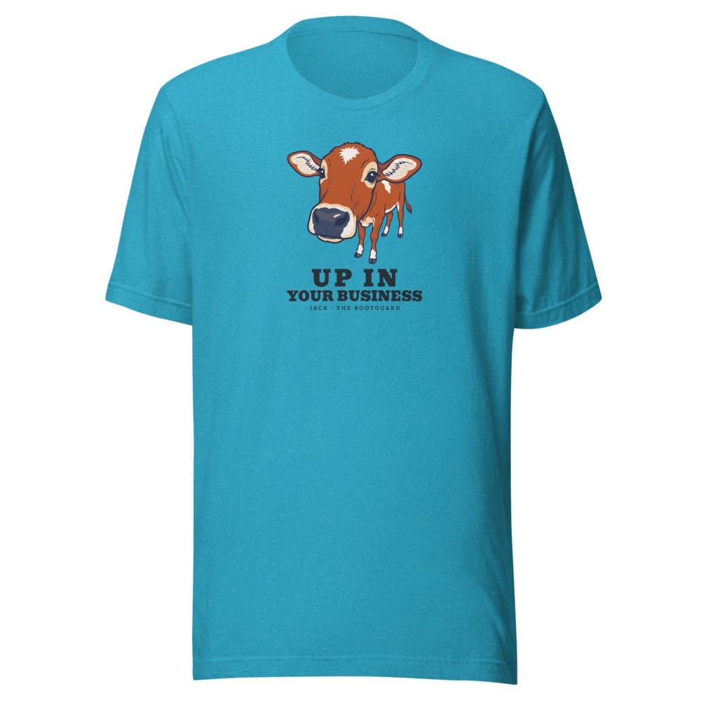 Light-colored t-shirt printed with cartoon Jack the mini zebu and the words up in your business. Shown in Heather Aqua.