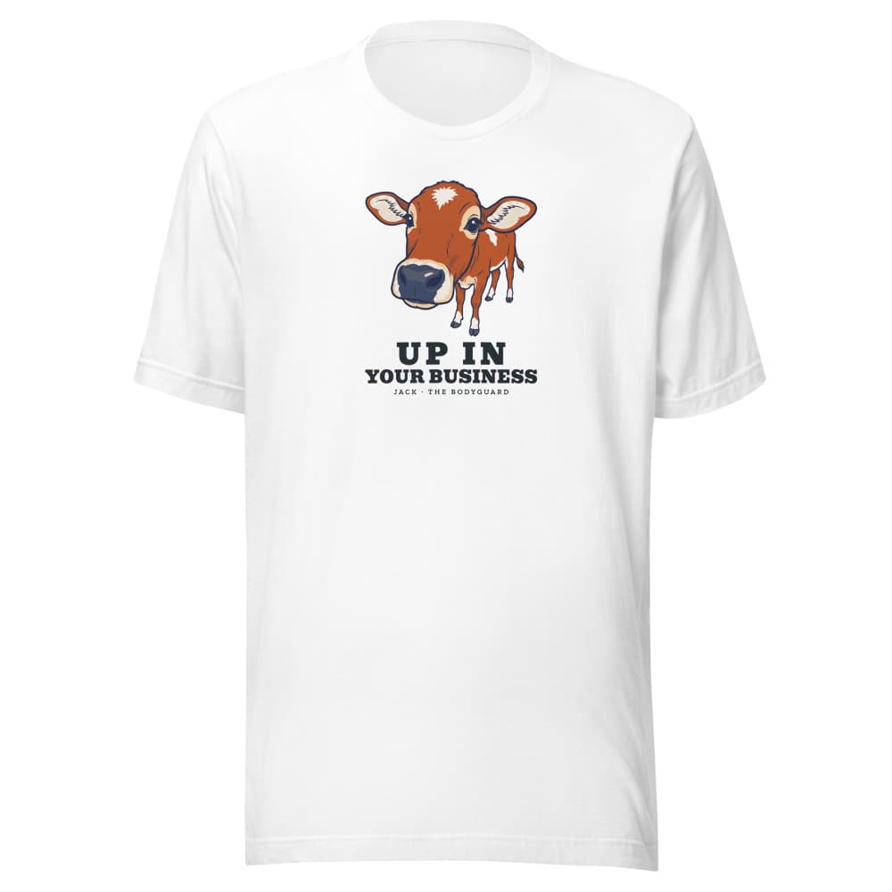 Light-colored t-shirt printed with cartoon Jack the mini zebu and the words up in your business. Shown in White.