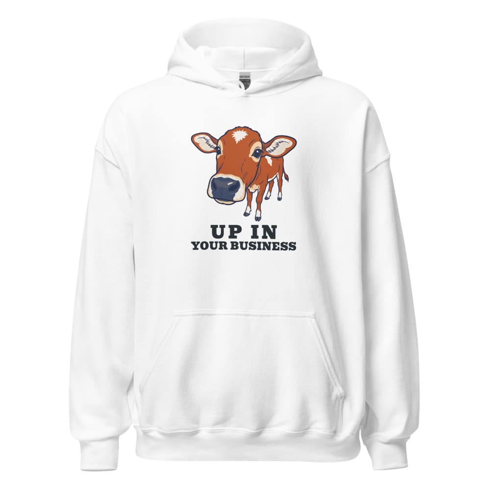 Hoodie printed with cartoon Jack the mini zebu and the words up in your business. Shown in White.