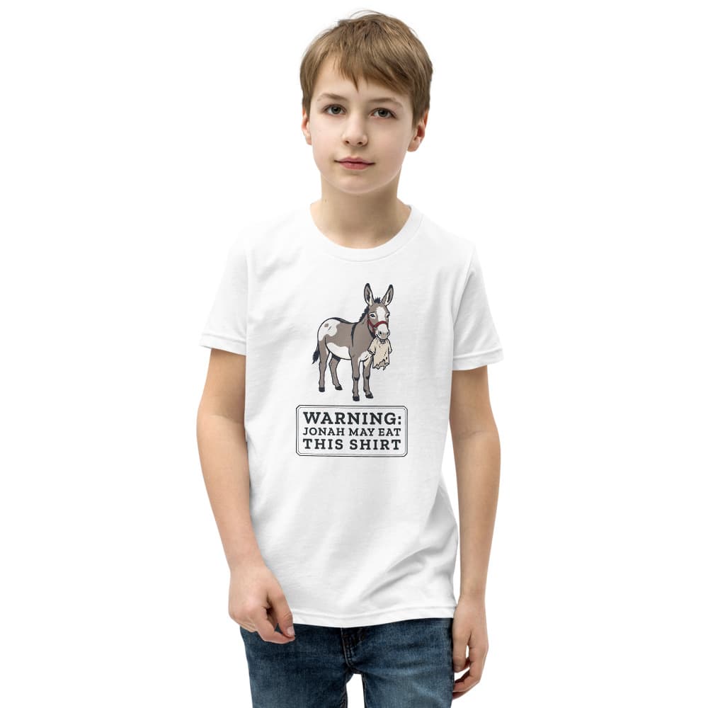 Kids t-shirt printed with a warning that Jonah the donkey may eat this shirt. Shown in White.