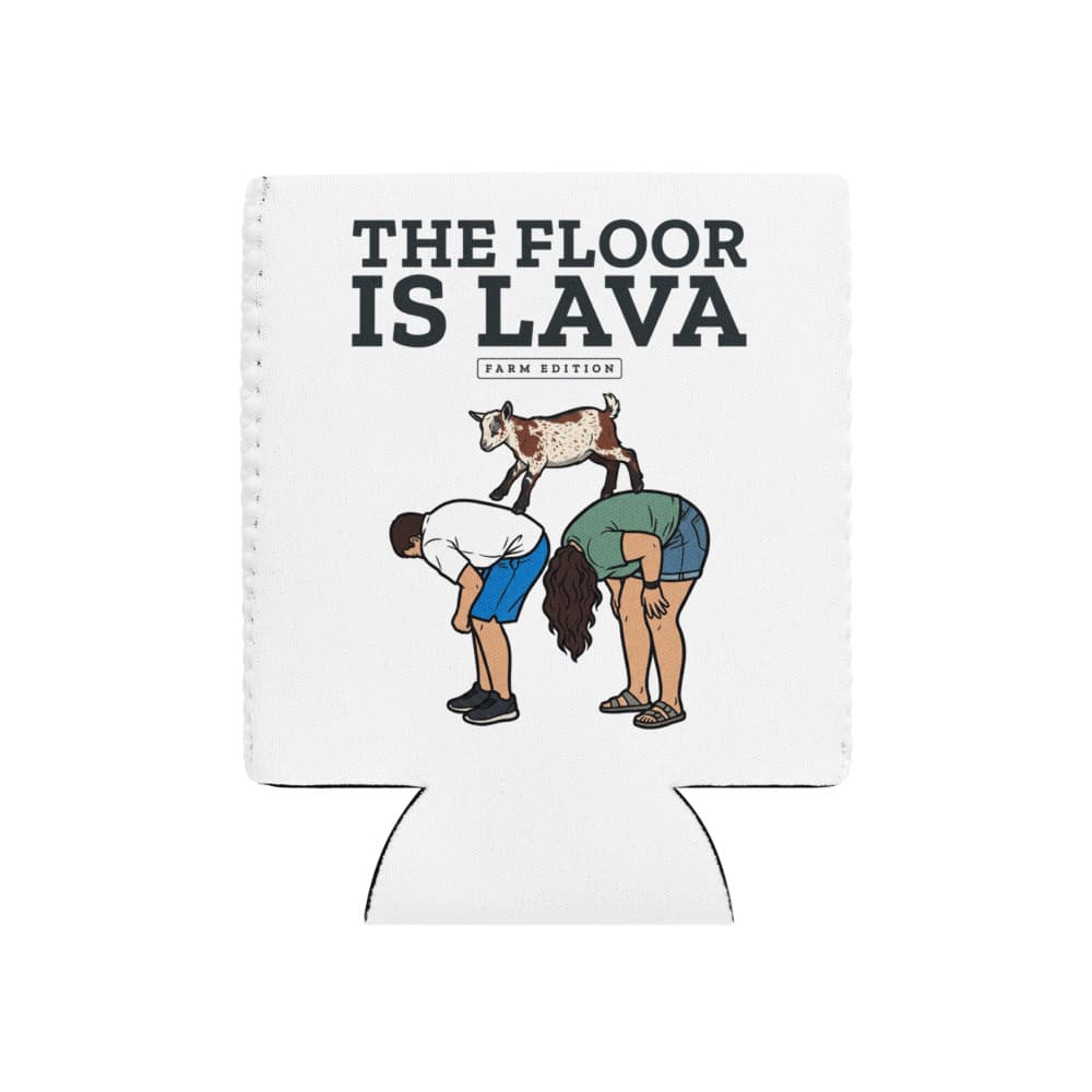 Neoprene can cooler printed with Cannoli the goat mid-leap in a floor-is-lava scene.