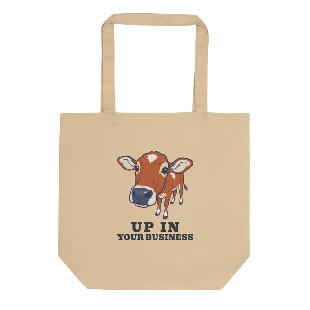 Canvas tote printed with cartoon Jack the mini zebu and the words up in your business.