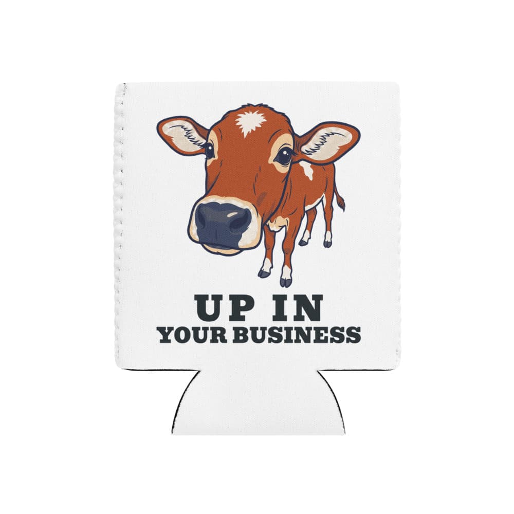 Neoprene can cooler printed with cartoon Jack the mini zebu and the words up in your business.