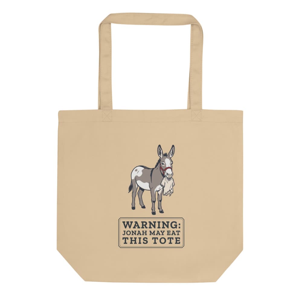 Canvas tote bag printed with a warning that Jonah the donkey may eat this tote.
