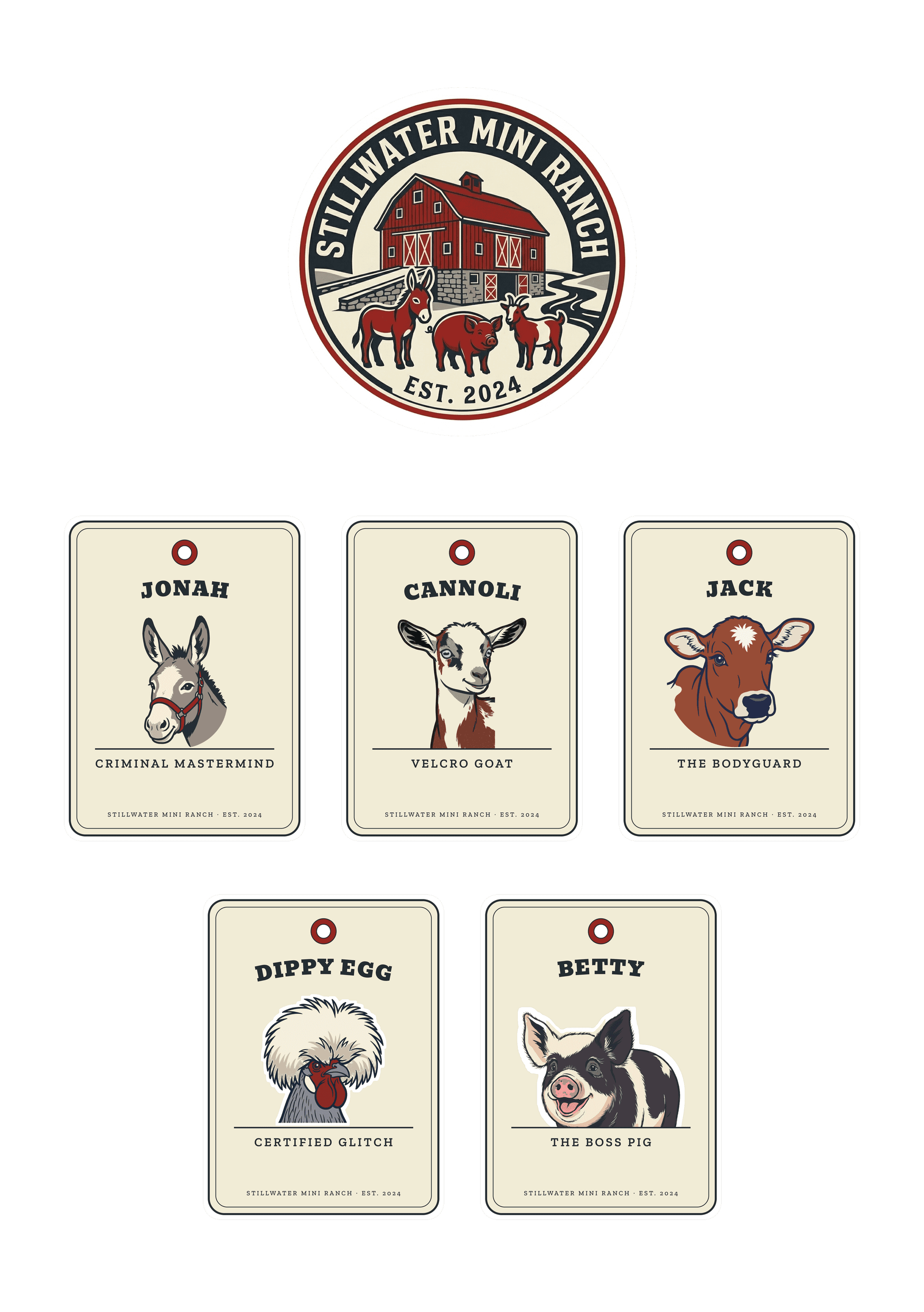 Kiss-cut sticker sheet with the round Stillwater Mini Ranch barn badge and five feed-tag cards of the cast animals.