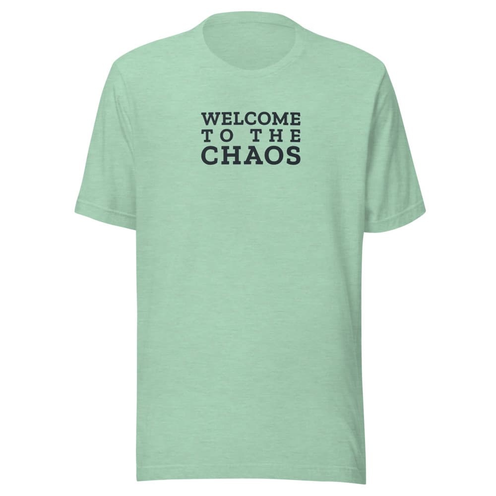 T-shirt with Welcome to the Chaos in stacked type on the front and the Stillwater badge on the back. Shown in Heather Prism Mint. — Front.