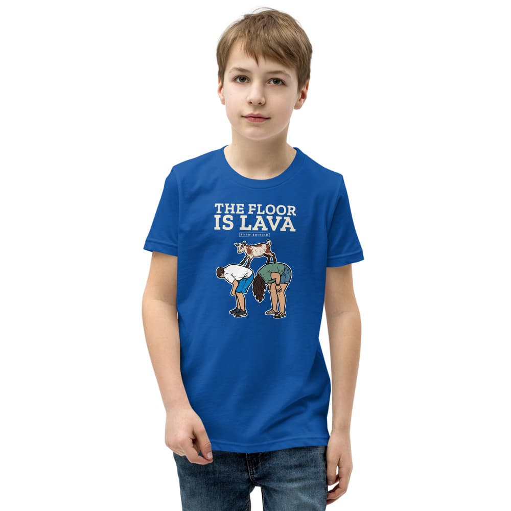 Kids t-shirt printed with Cannoli the goat leaping across two people's backs under the words The Floor Is Lava. Shown in True Royal.