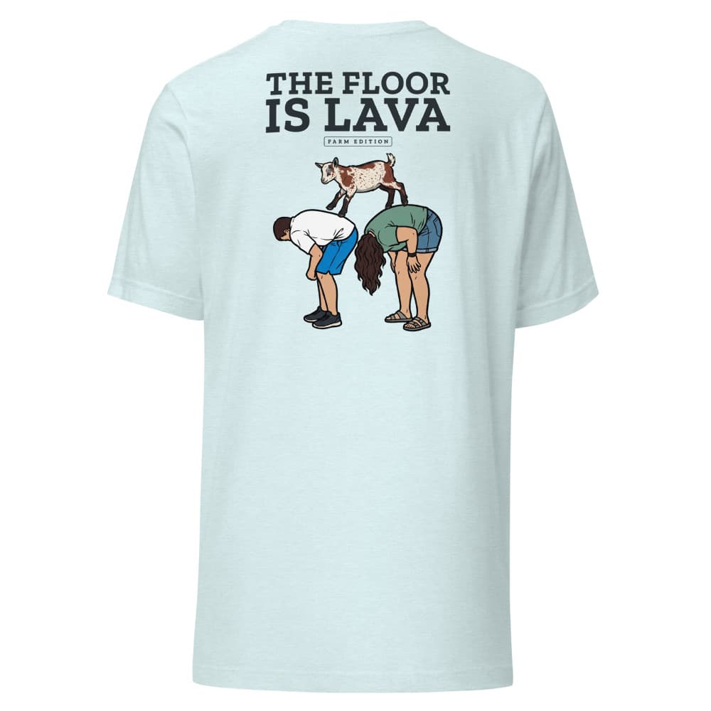 T-shirt with a small left-chest badge and a back print of Cannoli the goat leaping across people in a floor-is-lava scene. Shown in Heather Ice Blue. — Back.